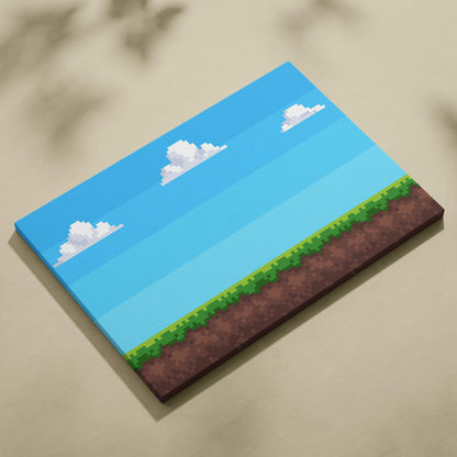 Retro pixel art game background showing bright blue sky with white clouds above green grass and brown earth platform