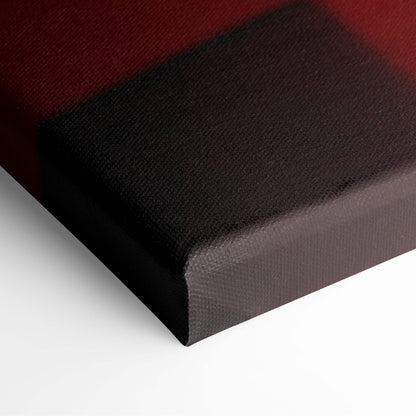 Contemporary red purple portal canvas wall art with bold red and black plaid pattern and textured fabric edges