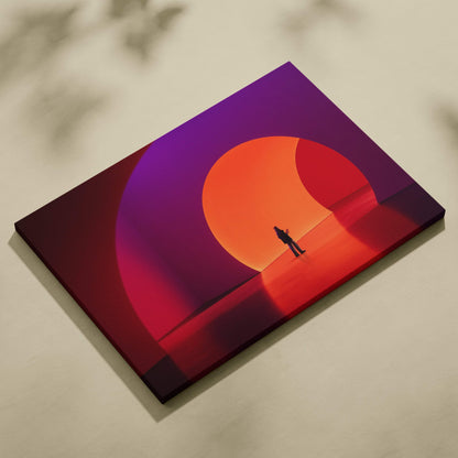 A rectangular canvas print with a stylized silhouette before a vibrant orange red and purple gradient sunset