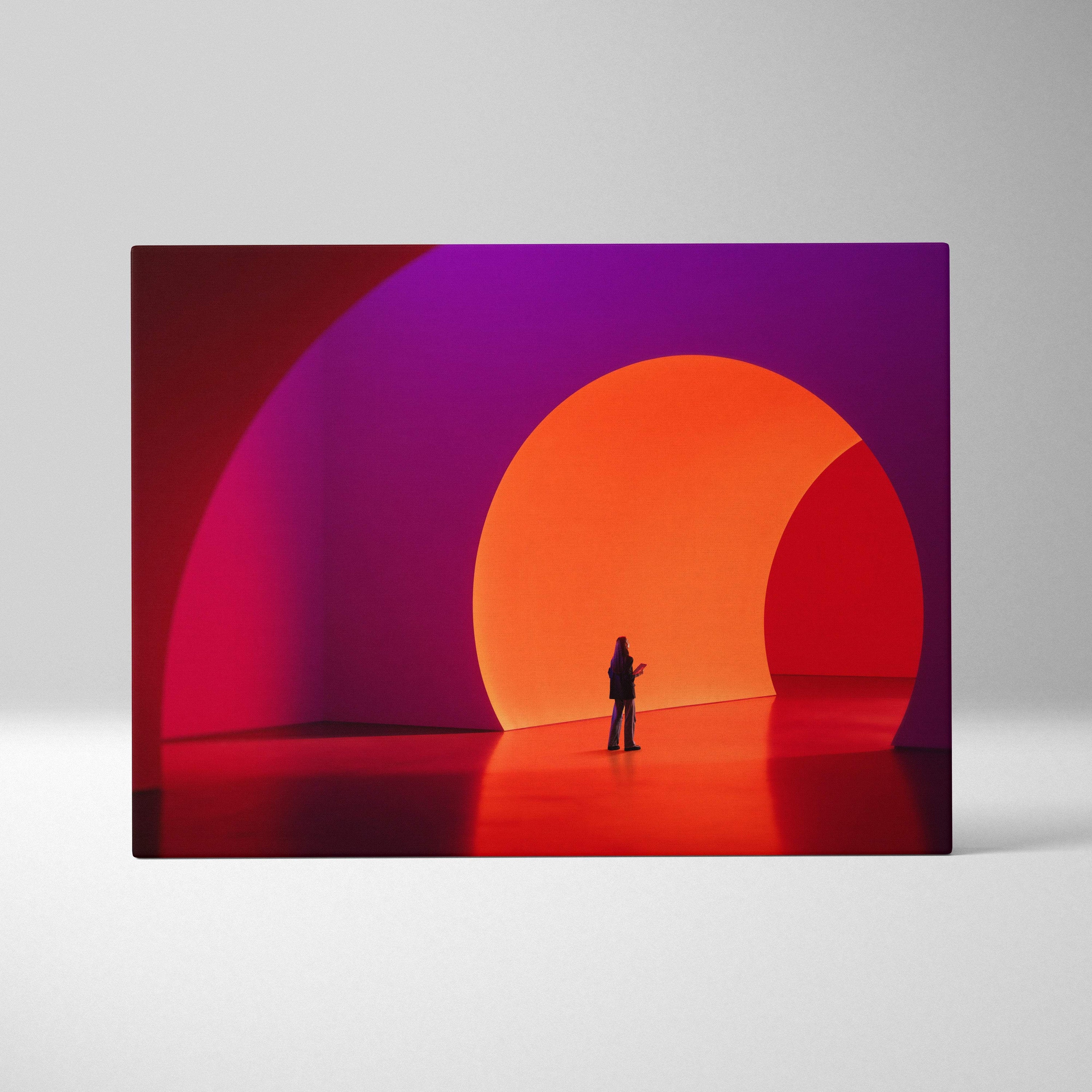 Contemporary red purple portal canvas wall art with bold concentric red orange and purple arcs for modern decor
