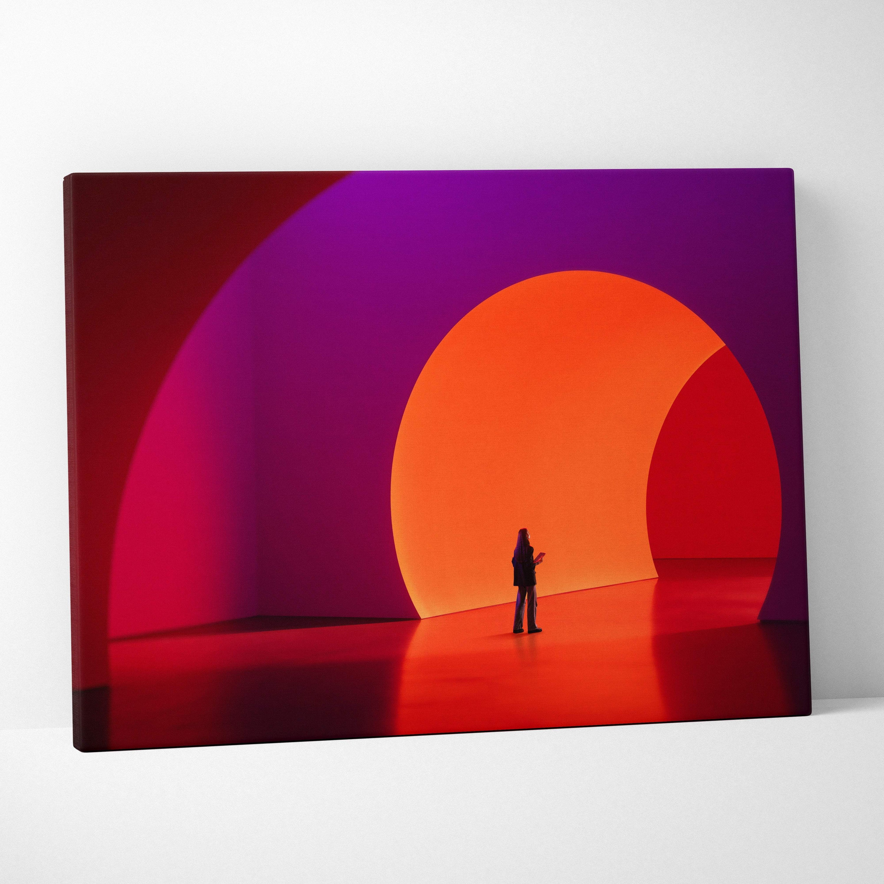 Contemporary red purple portal canvas wall art with bold concentric arcs of deep purple fiery orange and rich red hues