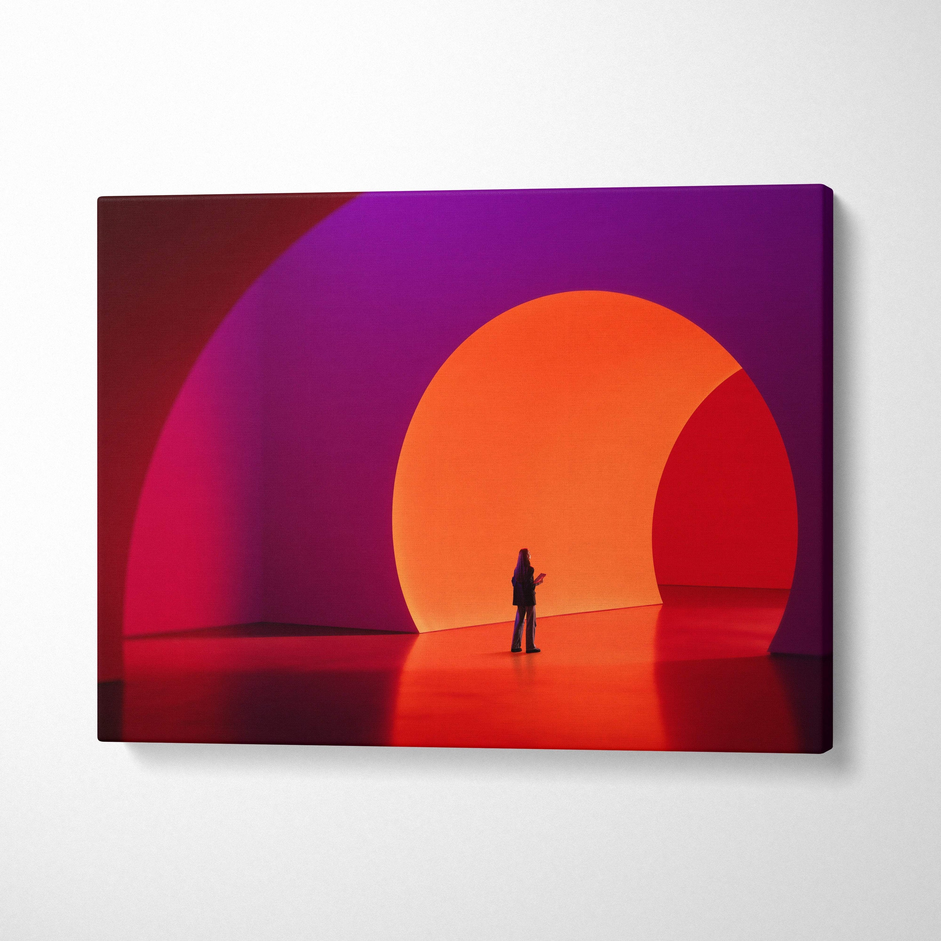 Contemporary red purple portal canvas wall art with bold circular arches and a glowing orange figure in the center