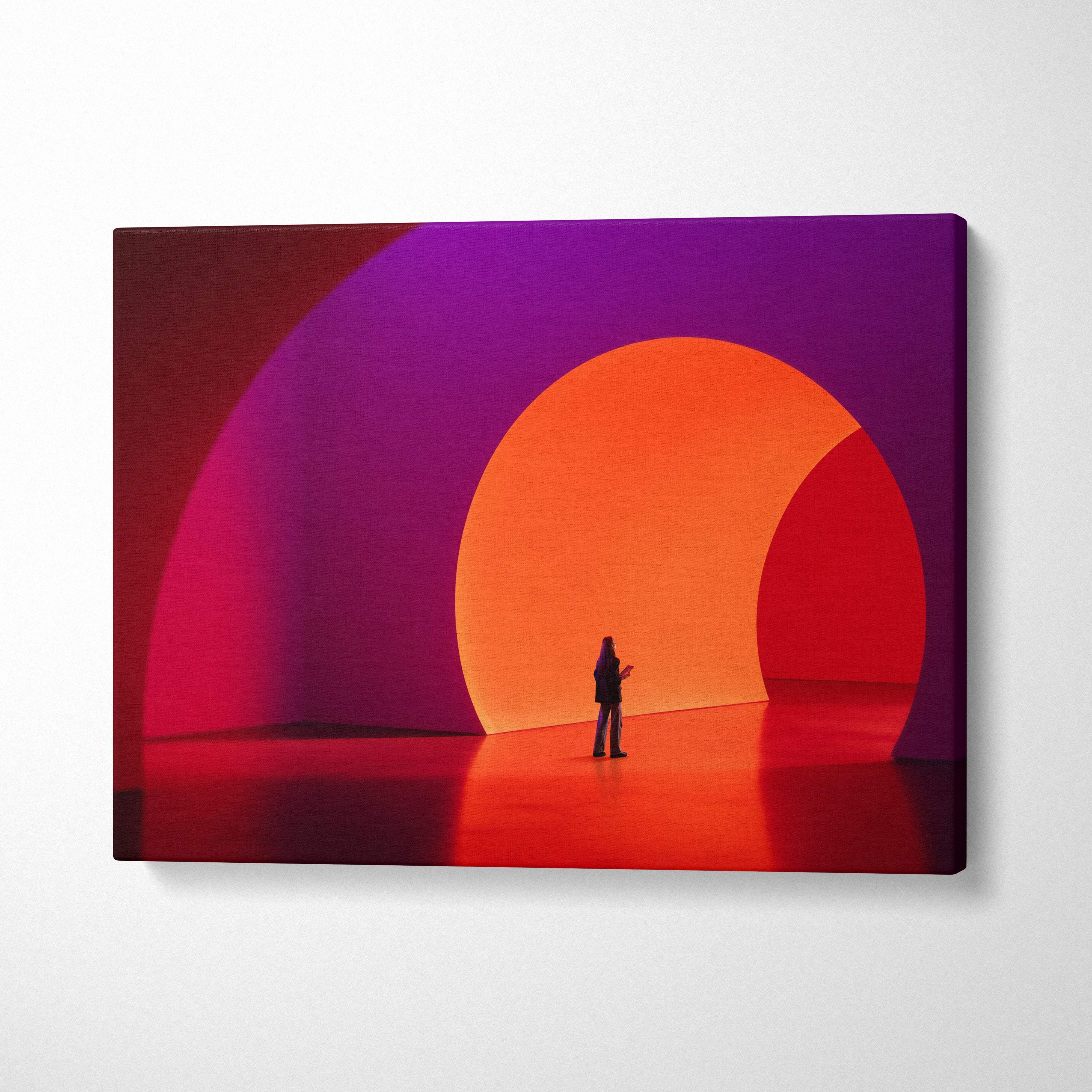 Contemporary red purple portal canvas wall art with bold circular arches and a glowing orange figure in the center
