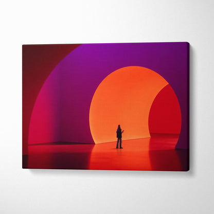 Contemporary red purple portal canvas wall art with bold circular arches and a glowing orange figure in the center