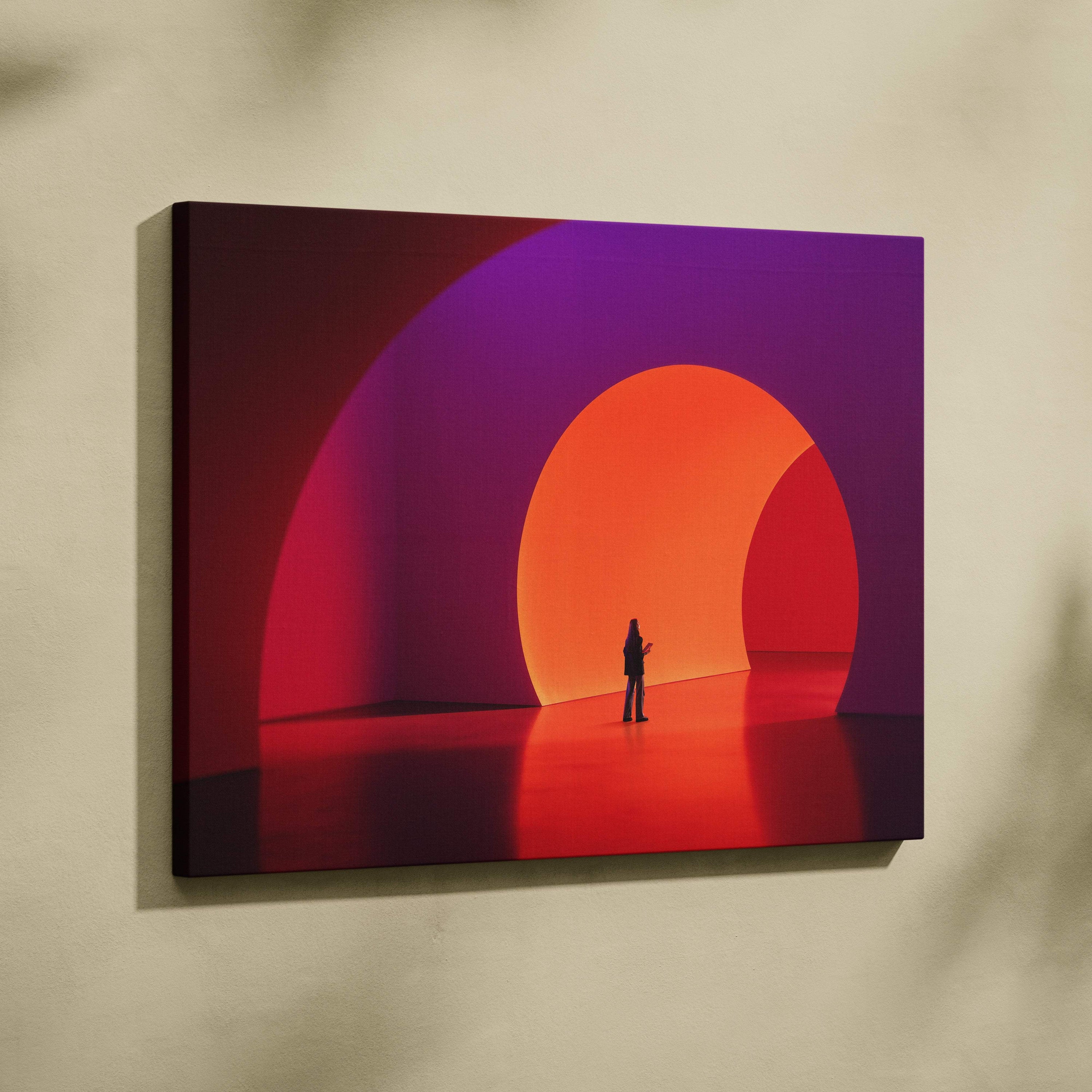 Contemporary canvas wall art featuring a glowing orange figure amid red and purple neon arches for modern decor