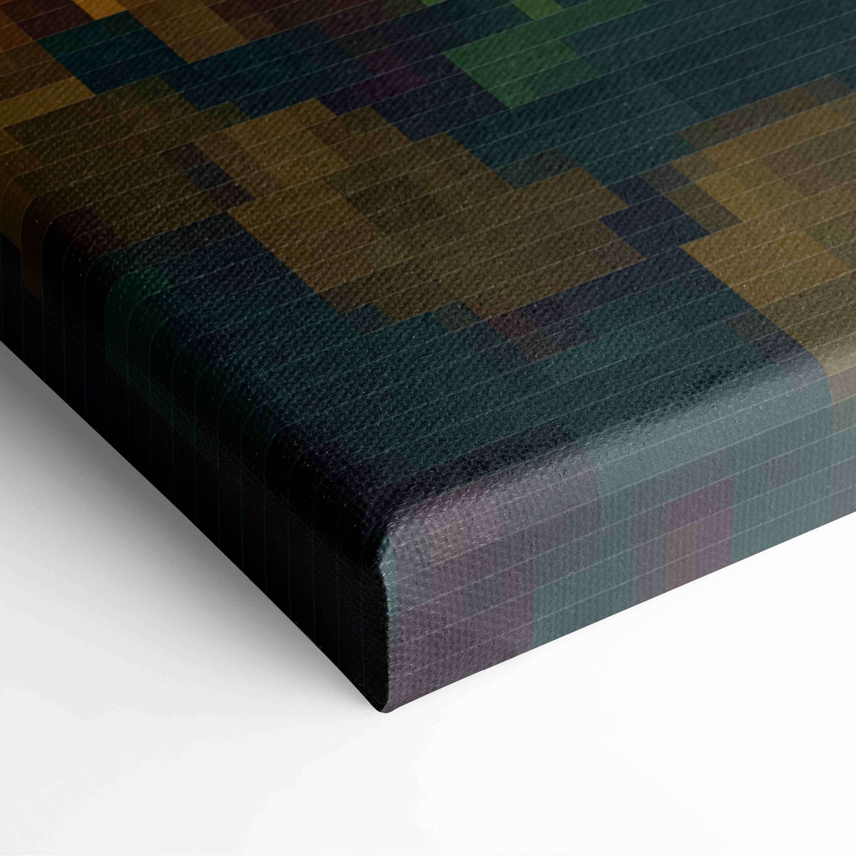 Medieval castle pixel art canvas print with textured pixelated green brown and black camouflage pattern for wall decor