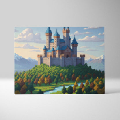 Medieval castle pixel art canvas print with blue-topped towers and fantasy landscape for wall decor