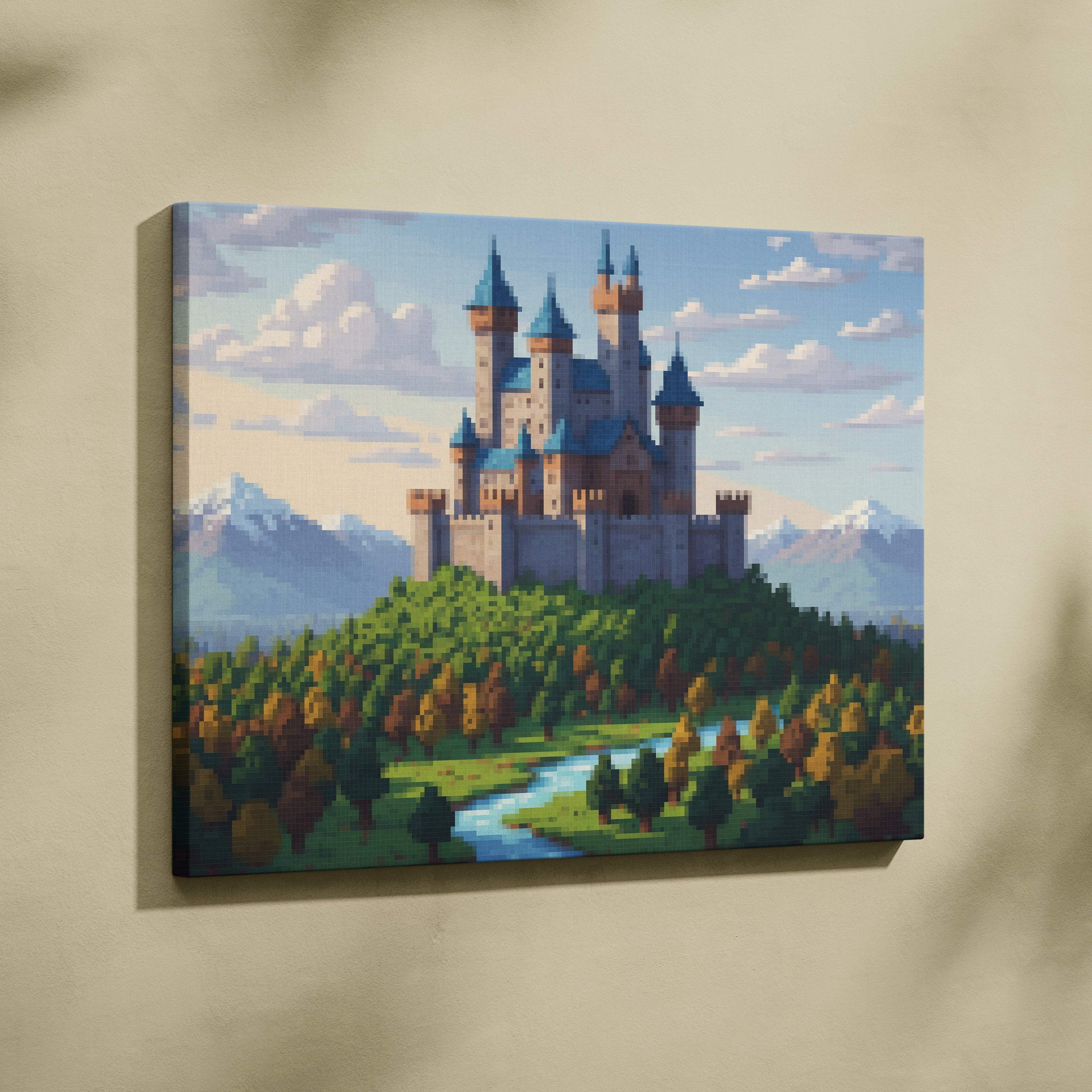 Medieval castle pixel art canvas print with blue towers stone walls and fantasy landscape for wall decor