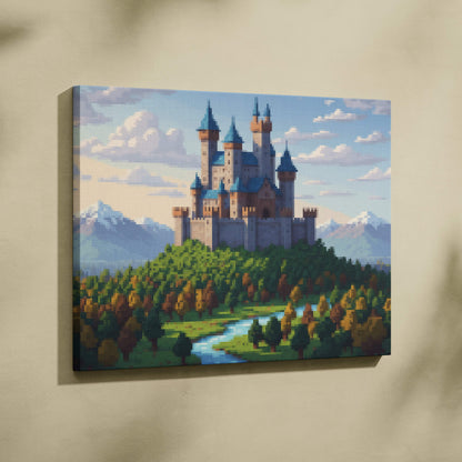 Medieval castle pixel art canvas print with blue towers stone walls and fantasy landscape for wall decor