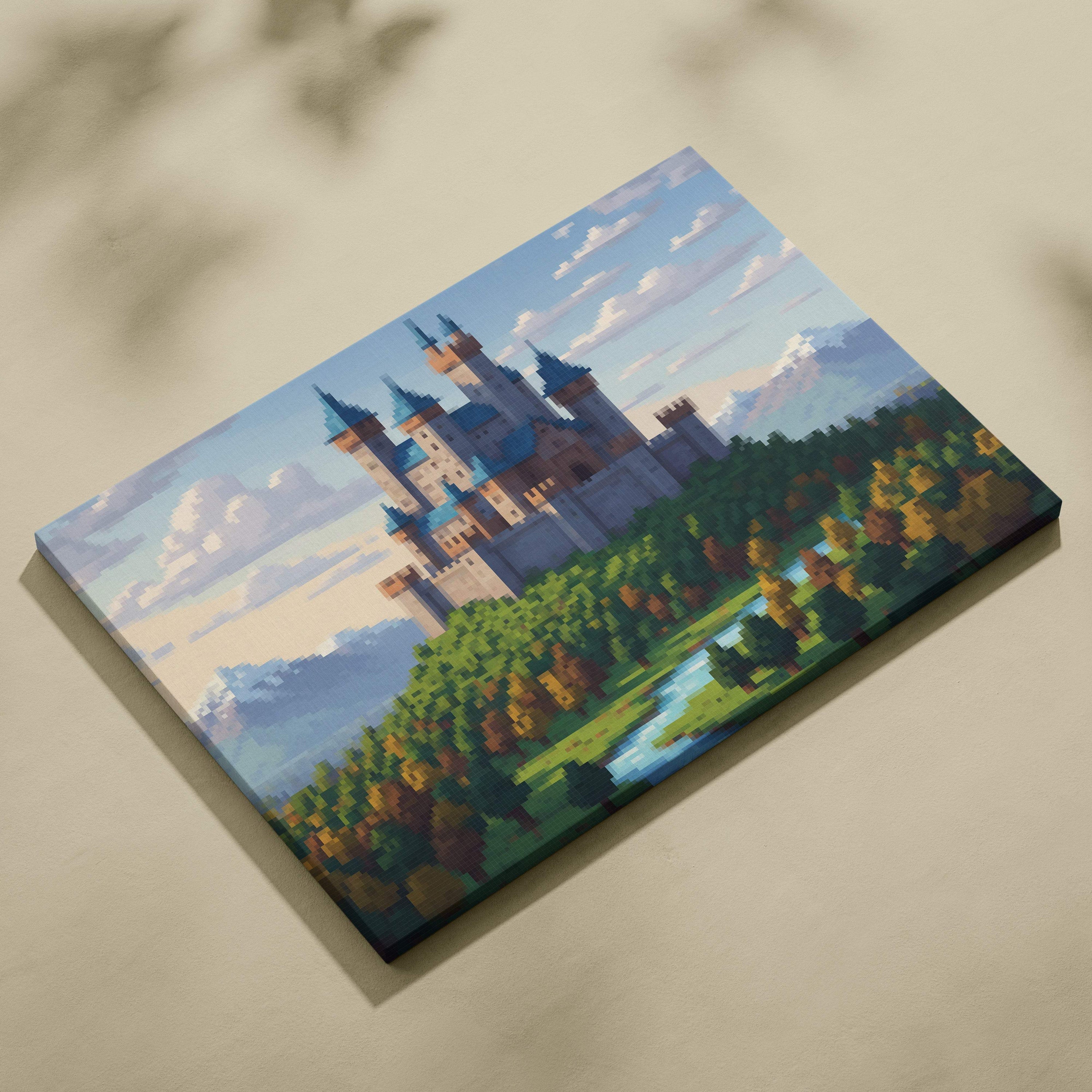 Medieval castle pixel art canvas print with blue rooftops stone walls autumn trees and river fantasy landscape decor