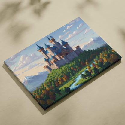 Medieval castle pixel art canvas print with blue rooftops stone walls autumn trees and river fantasy landscape decor