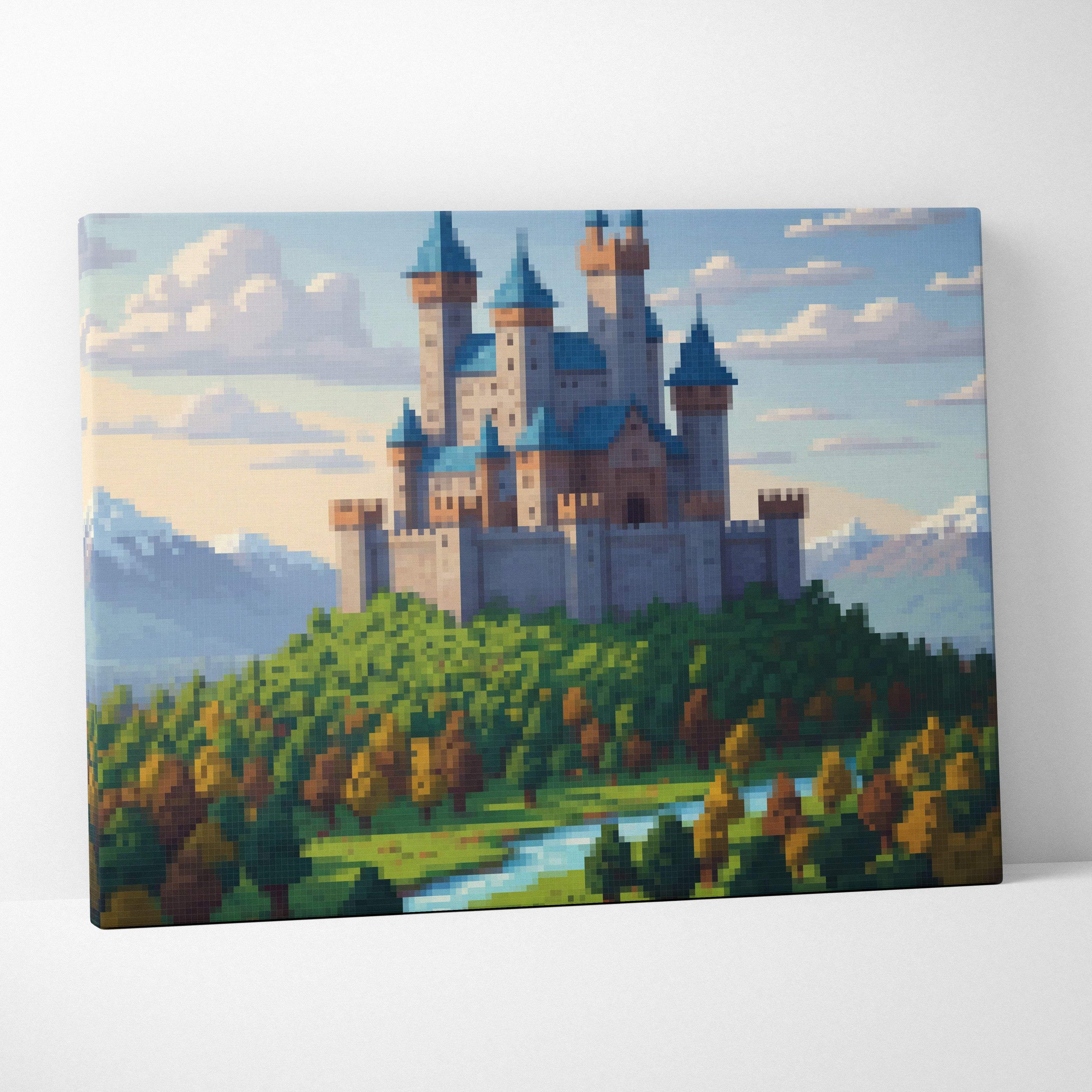Medieval castle pixel art canvas print with blue-topped towers and stone walls against green hills and distant mountains