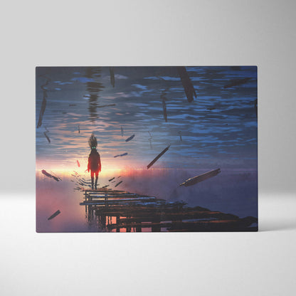 Rectangular canvas wall art of a solitary child silhouette on a wooden pier with floating debris at sunset