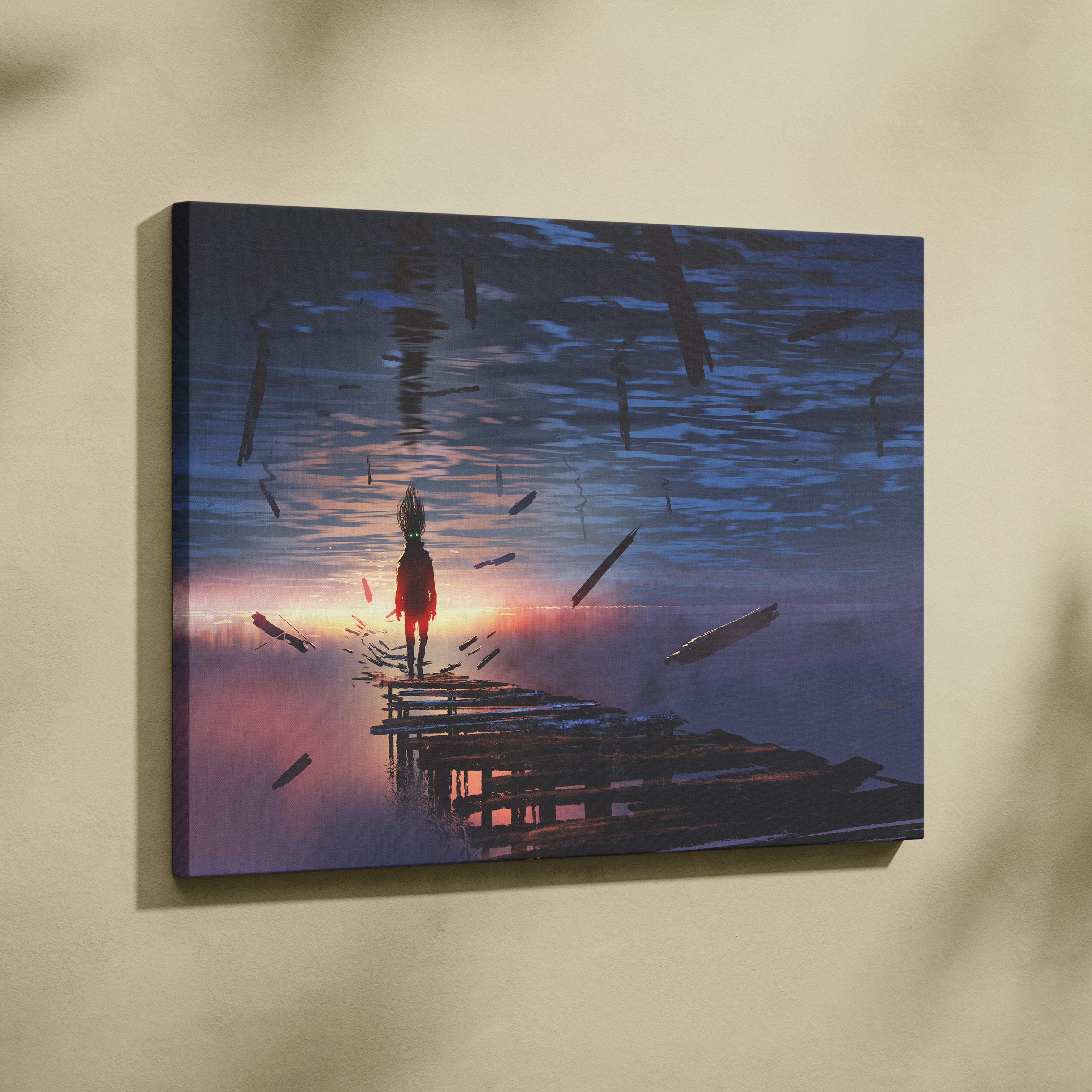 A rectangular canvas print of a mysterious child silhouette on a decaying pier with floating debris at sunset