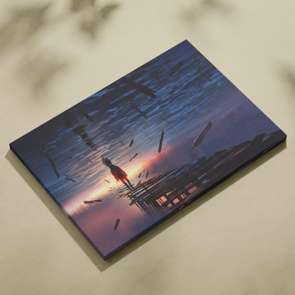 Rectangular canvas print of surreal digital art featuring a lone red figure against twilight sky with floating debris
