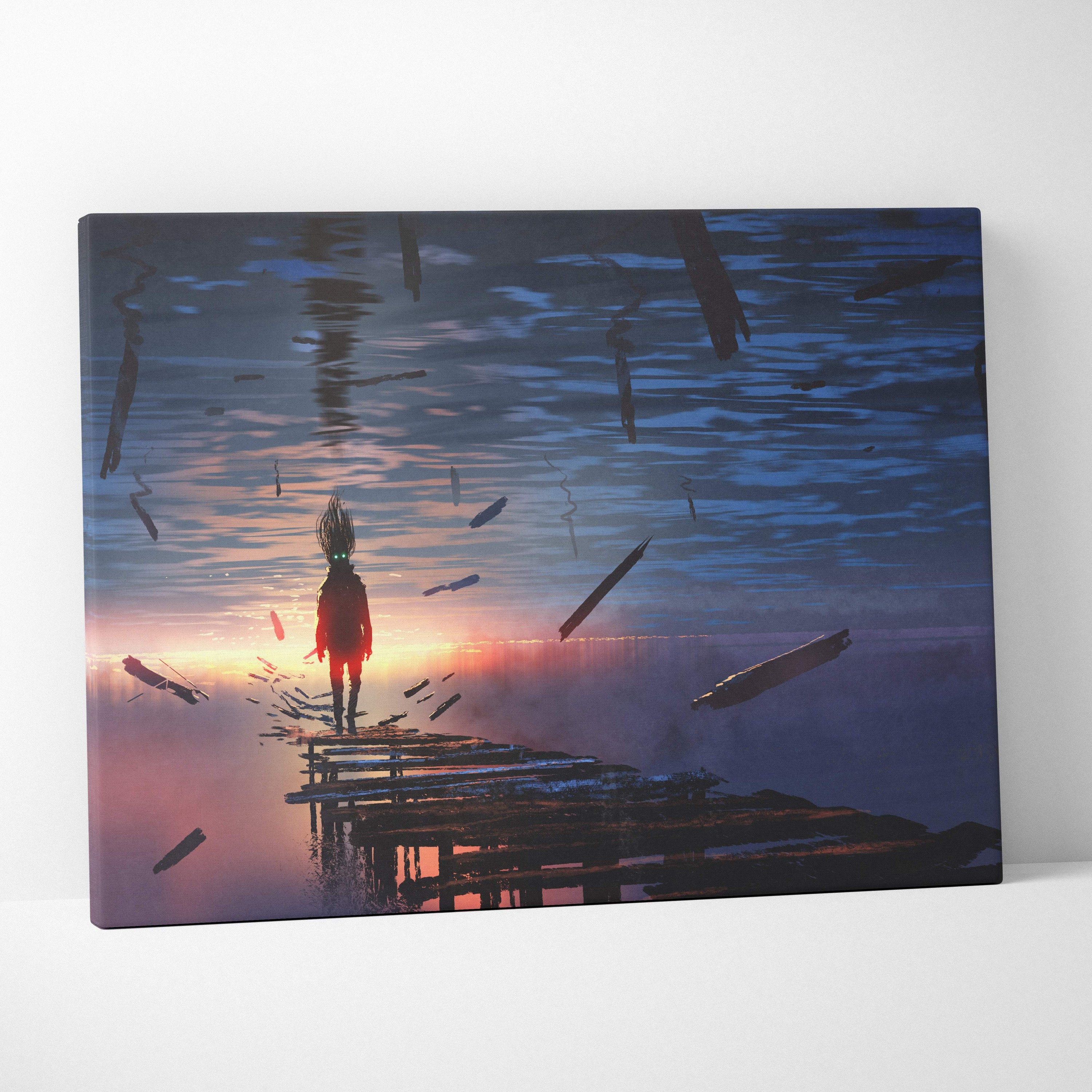 Rectangular canvas wall art featuring a surreal scene of a lone child silhouette on a pier with floating debris at sunset