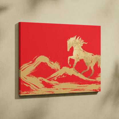 Red gold horse canvas wall art with gold leaf silhouette of galloping horse and golden mountains in oriental style