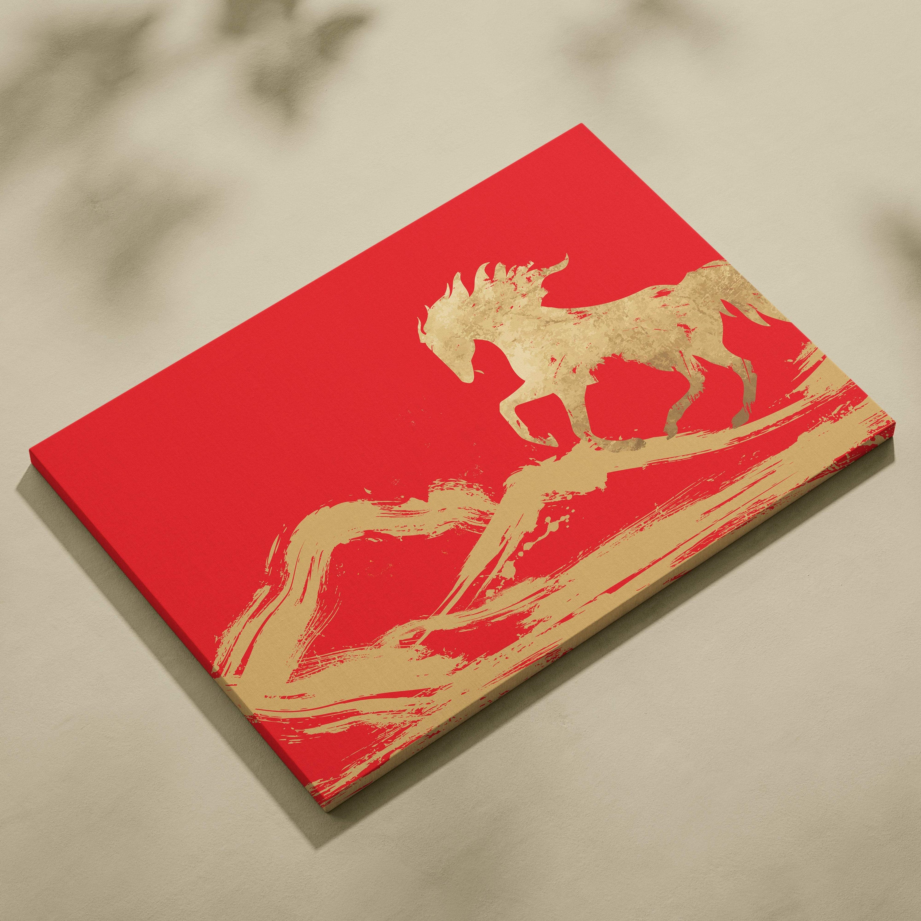 Red gold horse canvas wall art featuring a gold-leafed horse in motion with bold red brushstroke accents