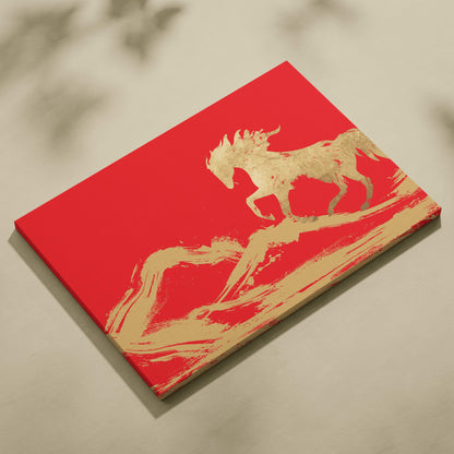 Red gold horse canvas wall art featuring a gold-leafed horse in motion with bold red brushstroke accents