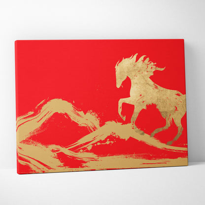 Red gold horse canvas wall art with gold-leaf horse silhouette on red canvas and stylized golden waves
