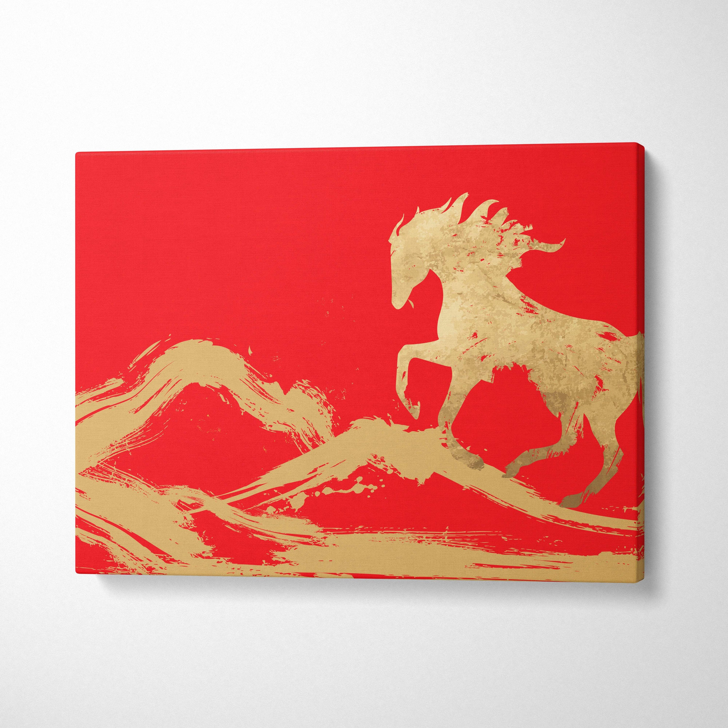 Red gold horse canvas wall art with vibrant red background and gold-leaf horse silhouette in oriental brush style