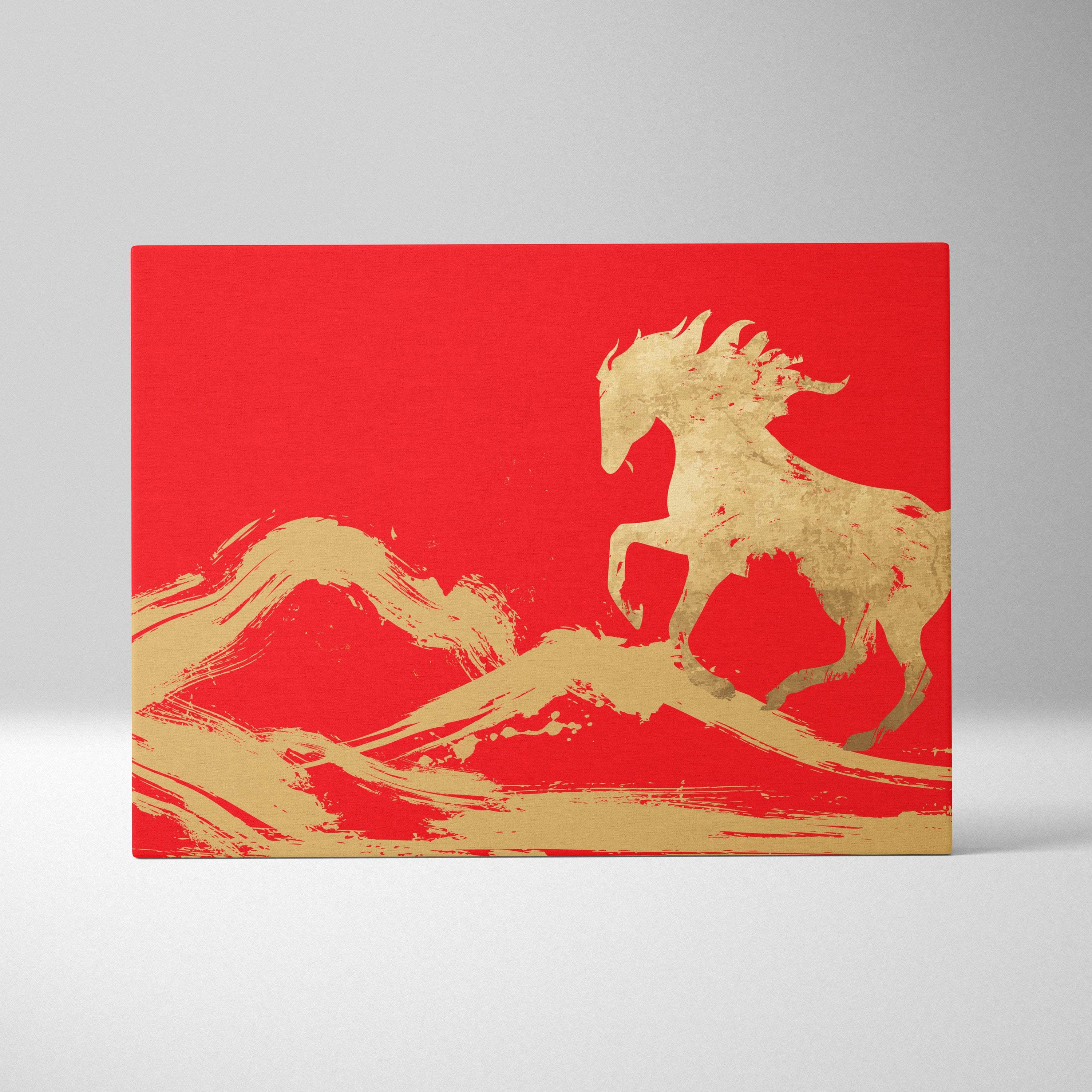 A vibrant red canvas print with a dynamic gold-leaf horse silhouette and golden waveforms for wall art decor