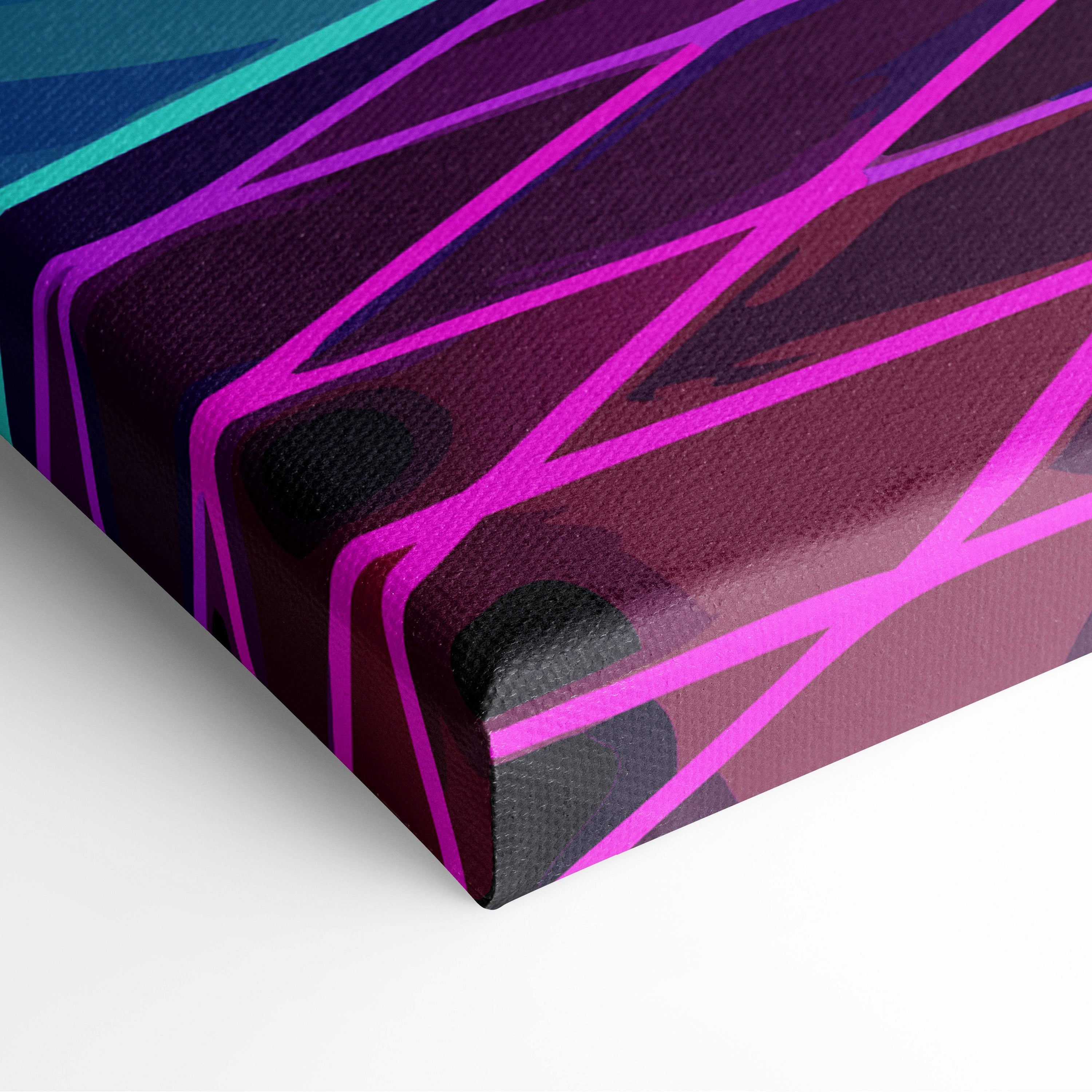 Vaporwave neon city road canvas art print with bold magenta and teal geometric lines on deep purple background framed in black