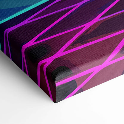 Vaporwave neon city road canvas art print with bold magenta and teal geometric lines on deep purple background framed in black