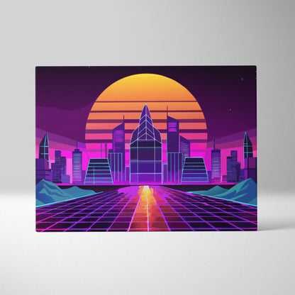 Vaporwave neon city road canvas art print featuring vibrant retro-futuristic grid roads with pink purple and orange sunset glow