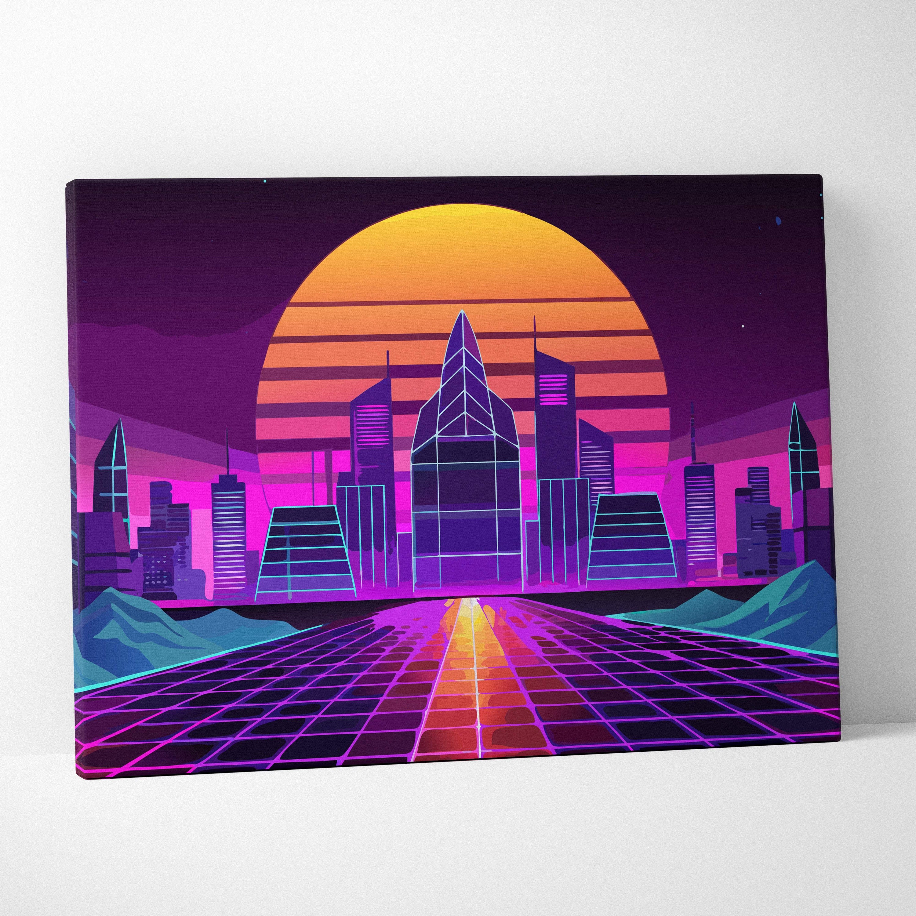 Vaporwave neon city road canvas art print featuring vibrant retro-futuristic purple pink and orange geometric skyline