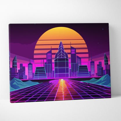 Vaporwave neon city road canvas art print featuring vibrant retro-futuristic purple pink and orange geometric skyline