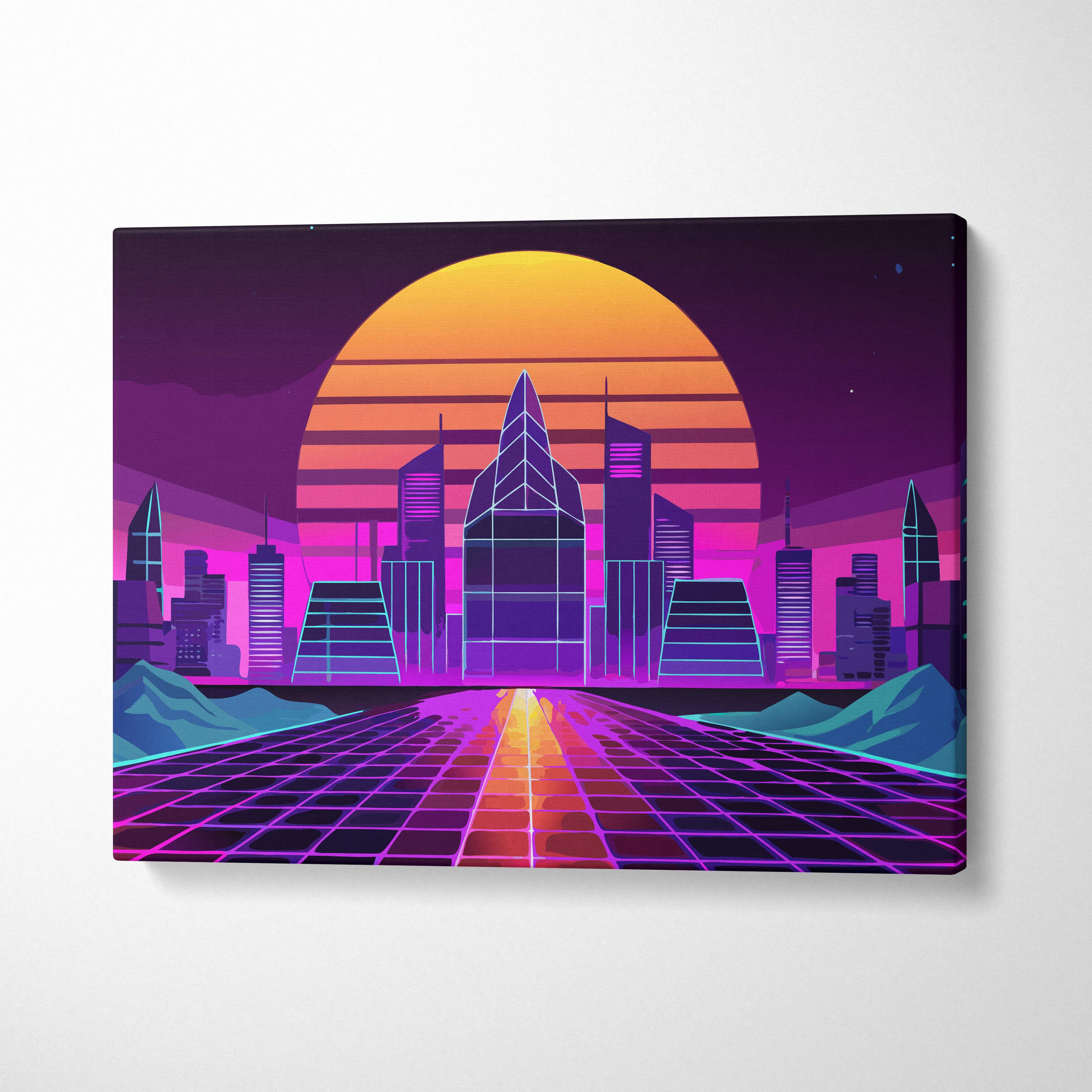 Vaporwave neon city road canvas art print featuring a vibrant retro-futuristic cityscape with neon purple pink and orange hues under a glowing sunset