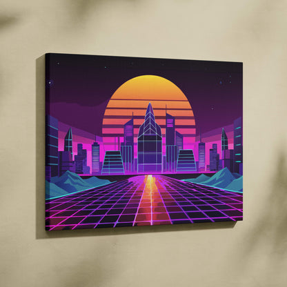 Vaporwave neon city road canvas art print with glowing orange sunset purple neon skyscrapers and synthwave grid highway