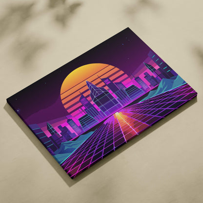 Vaporwave neon city road canvas art print with glowing orange sunset and purple pink synthwave grid skyline design