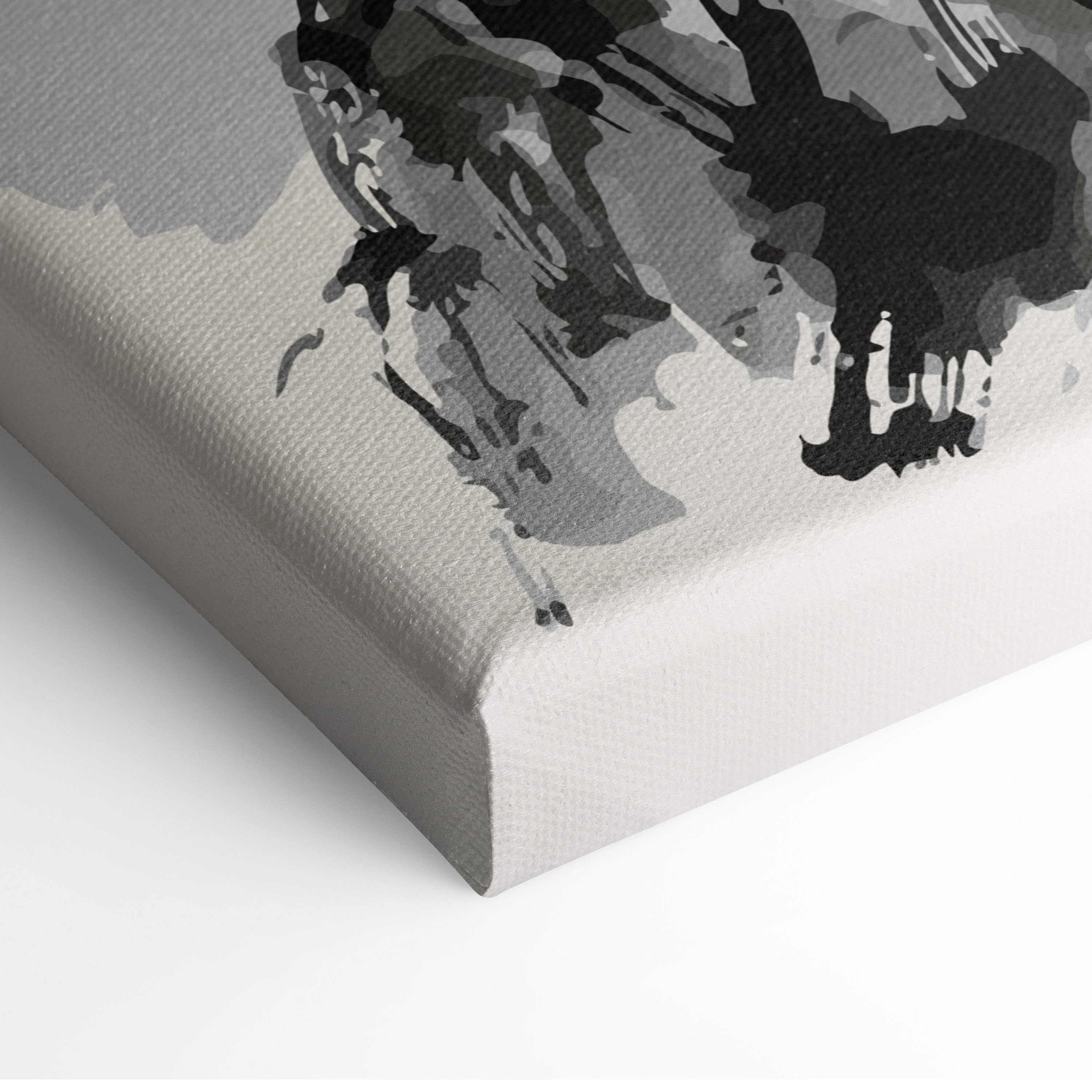 Gray canvas print with abstract black ink splatters in japanese pagoda cherry blossom style for zen wall decor