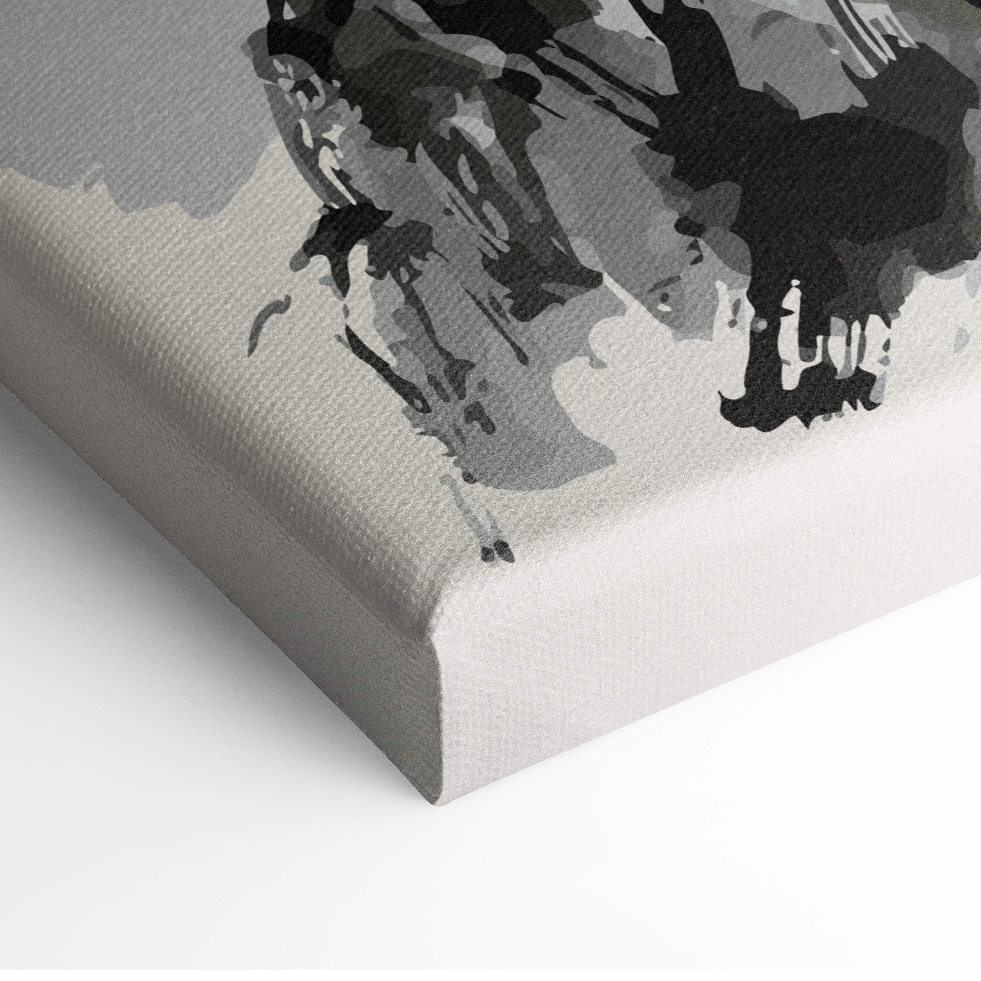 Gray canvas print with abstract black ink splatters in japanese pagoda cherry blossom style for zen wall decor