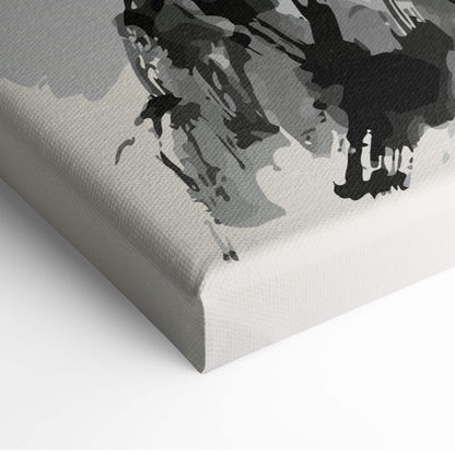 Gray canvas print with abstract black ink splatters in japanese pagoda cherry blossom style for zen wall decor