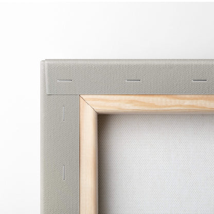 Gray canvas painting frame with light wood trim featuring japanese pagoda cherry blossom ink painting wall art