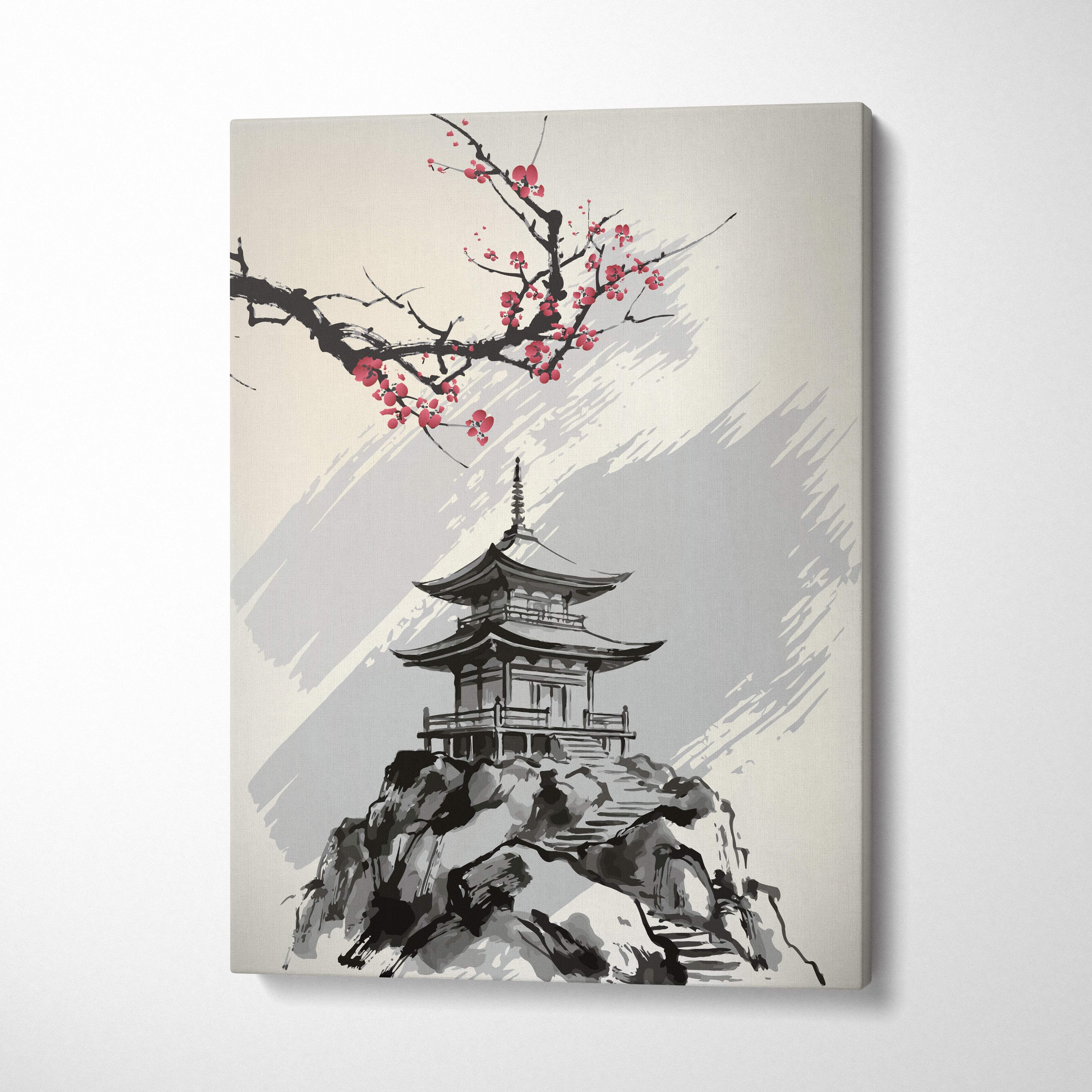 Minimalist canvas print of a traditional japanese pagoda on rocky terrain with pink cherry blossoms in gray red ink style