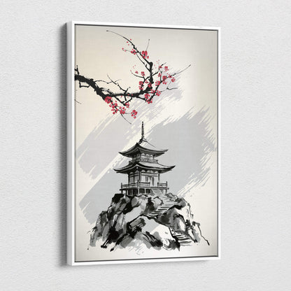 A framed gray red ink wash canvas wall art of a japanese pagoda on rocky terrain with pink cherry blossoms