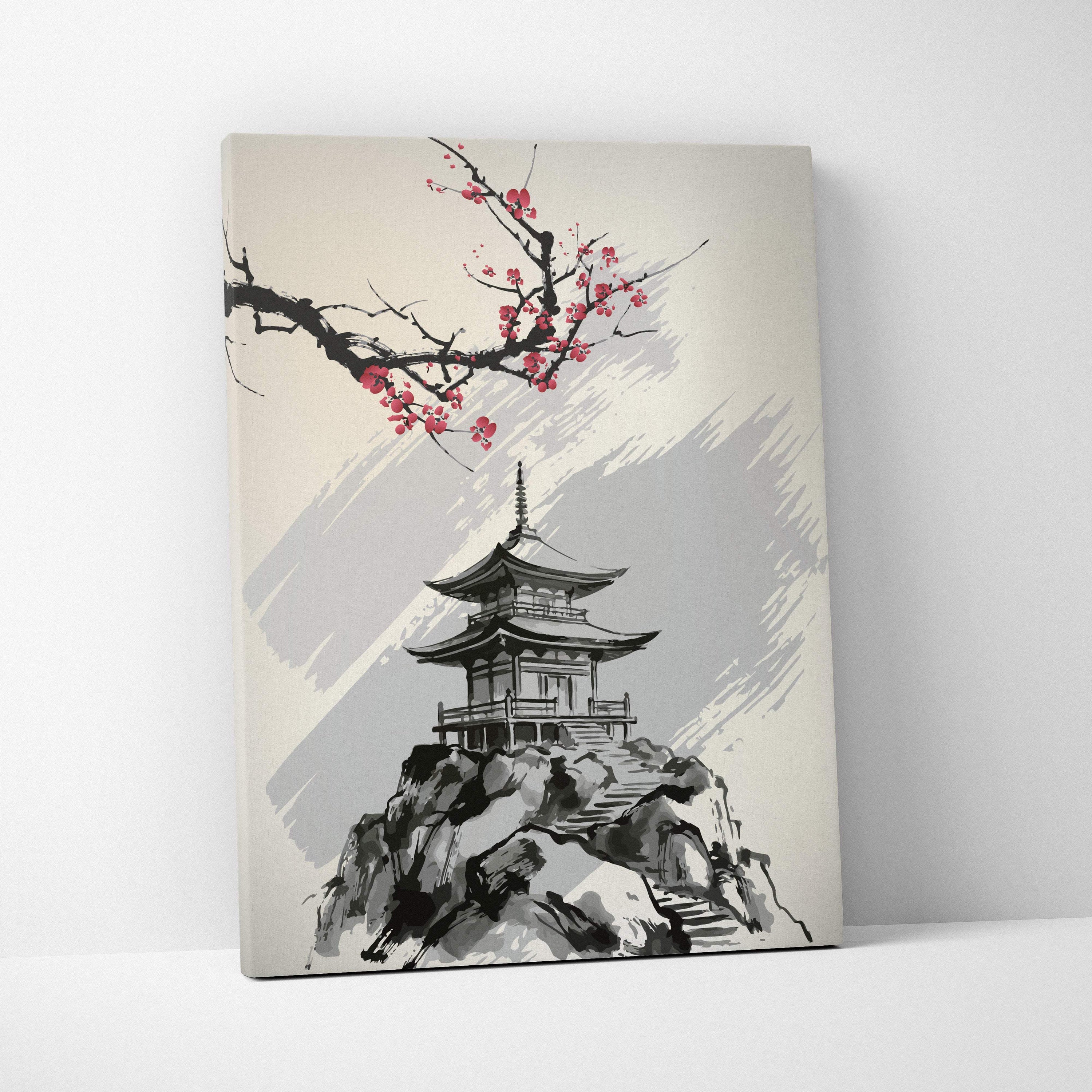 Minimalist canvas print of a traditional japanese pagoda on rocky terrain with pink cherry blossoms in gray ink style