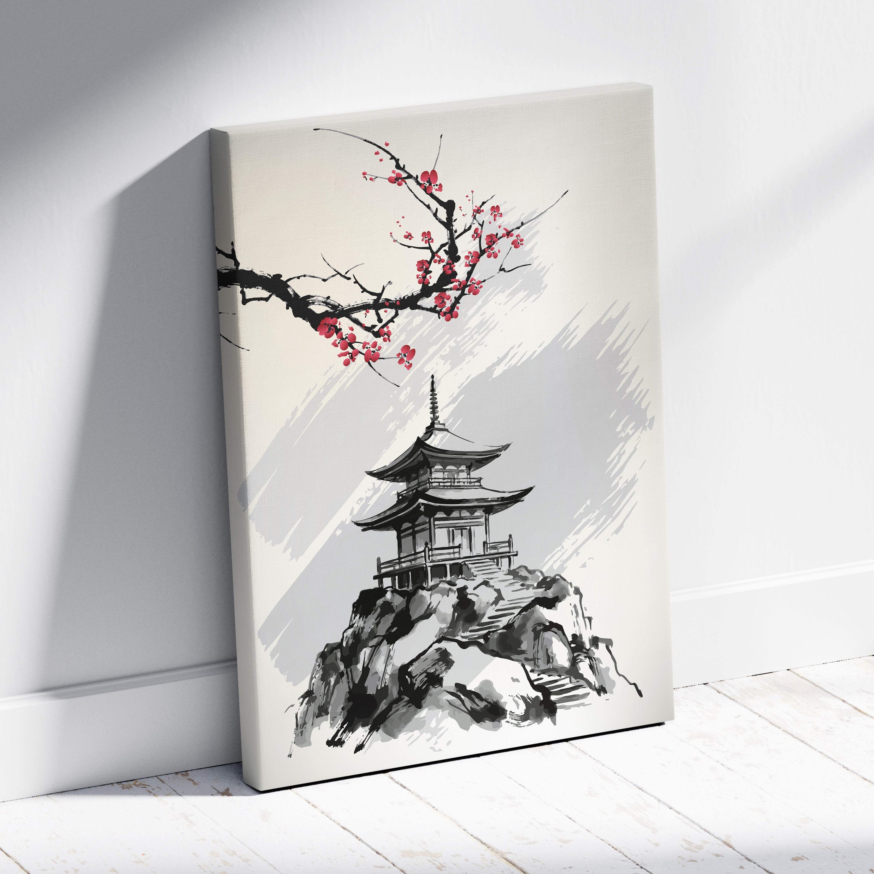 Minimalist canvas wall art featuring black-and-white ink style japanese pagoda with vibrant pink cherry blossoms