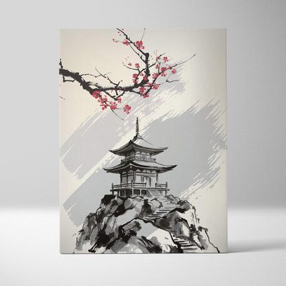 Minimalist Japanese pagoda cherry blossom canvas wall art in black ink and beige tones for living room decor