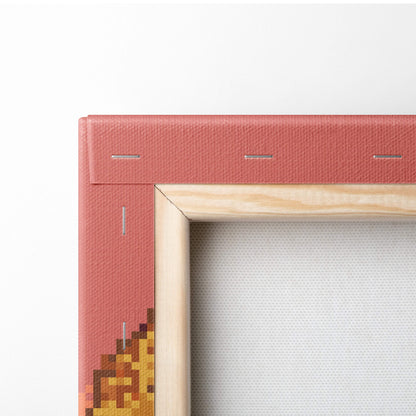 Autumn platformer pixel art canvas print featuring coral pixelated design framed by light wood for cozy retro decor