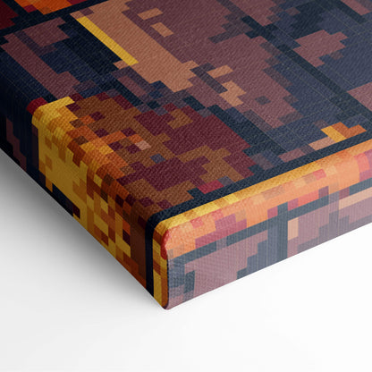 Pixelated canvas print featuring vibrant orange forest sunset in 8 bit autumn platformer pixel art style for cozy decor