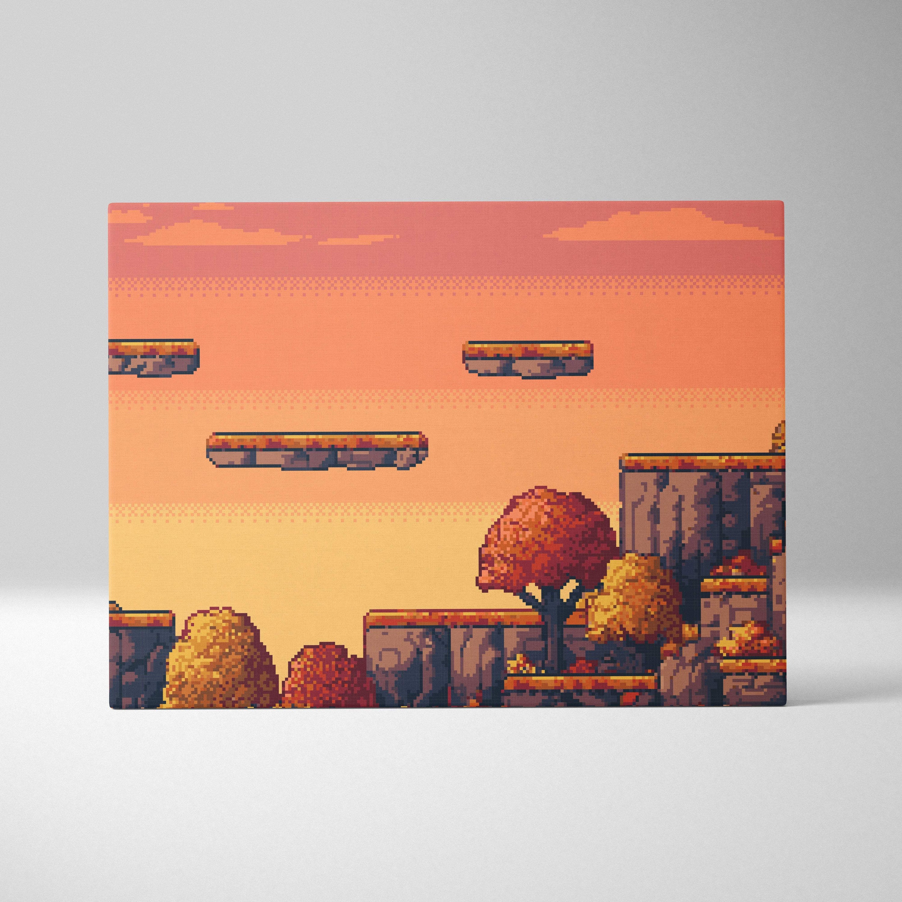 Pixel art canvas print showing a retro autumn platformer landscape with orange forest and floating platforms