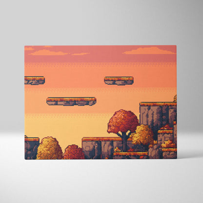 Pixel art canvas print showing a retro autumn platformer landscape with orange forest and floating platforms