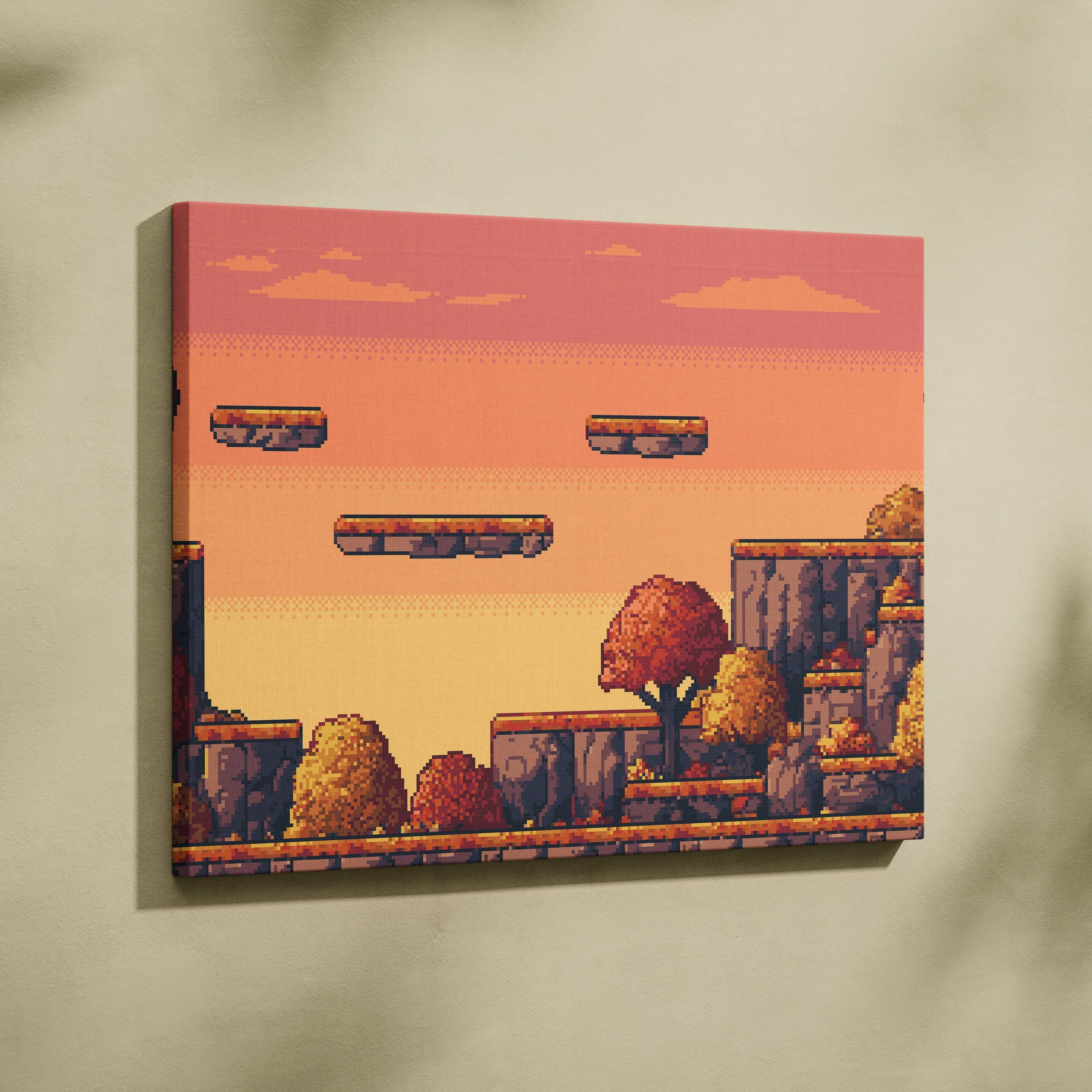 Autumn platformer pixel art canvas print showing retro video game landscape with floating stone platforms and orange trees