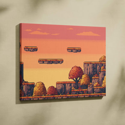 Autumn platformer pixel art canvas print showing retro video game landscape with floating stone platforms and orange trees
