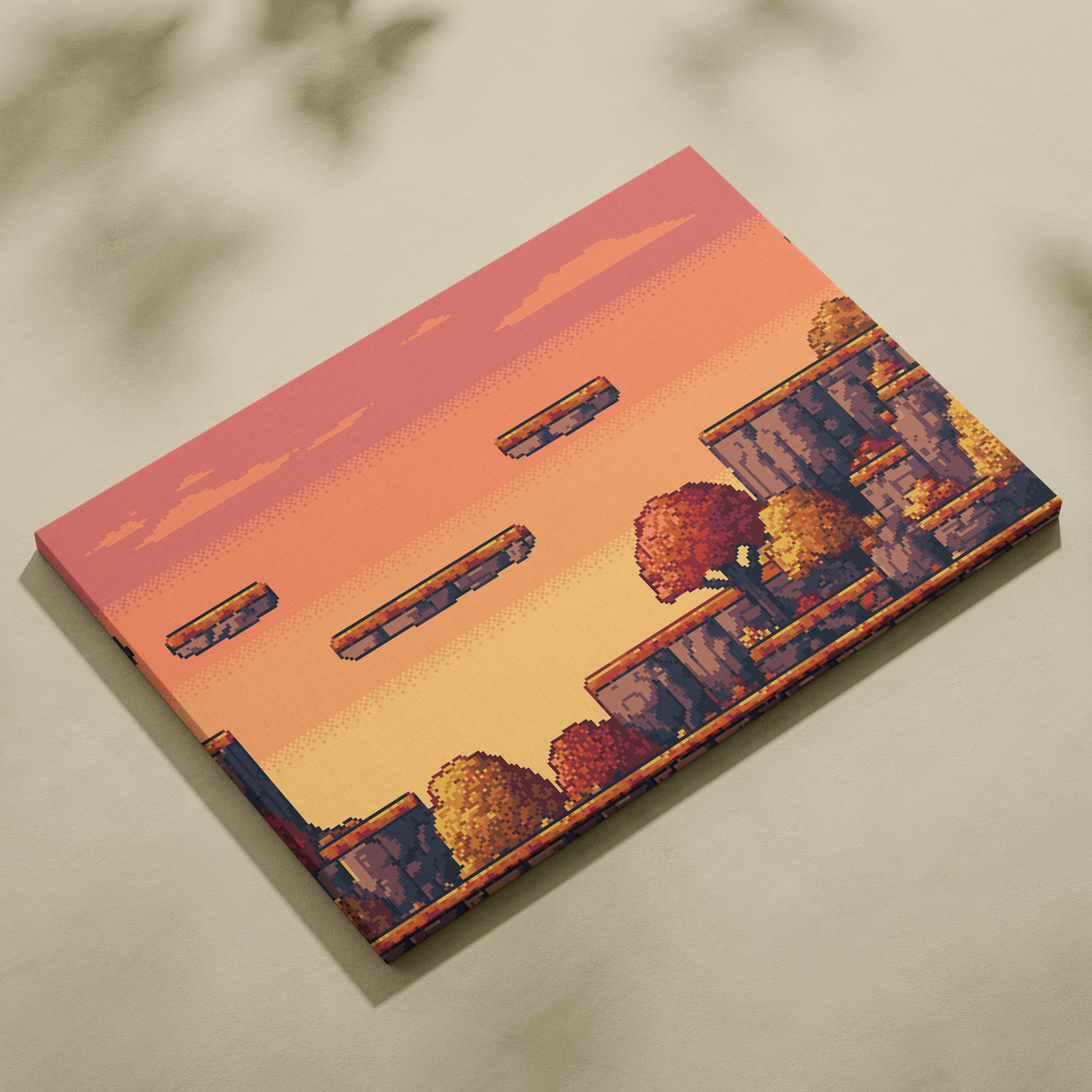Rectangular canvas print of autumn platformer pixel art with floating stone platforms and orange pink sunset sky